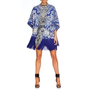 NWT CAMILLA Poets Sanctuary Blue Jacquard Knit Bejeweled Fringed Poncho Jacket